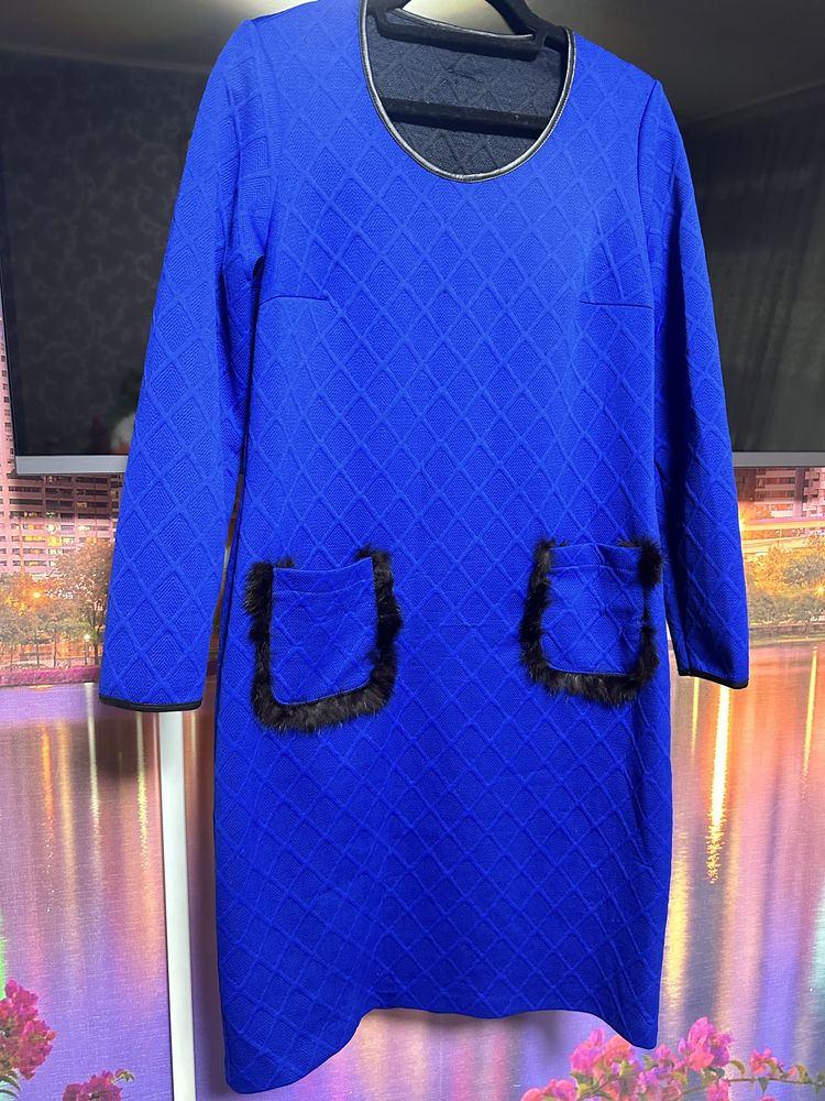 Синее теплое демисезонное женское платье 48/50