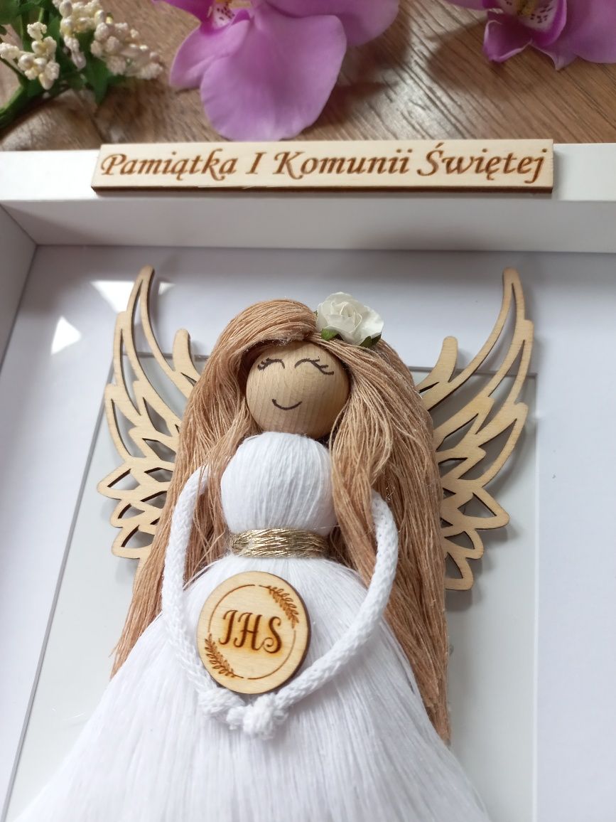 Personalizowana ramka anioł stróż prezent komunia chrzest makrama