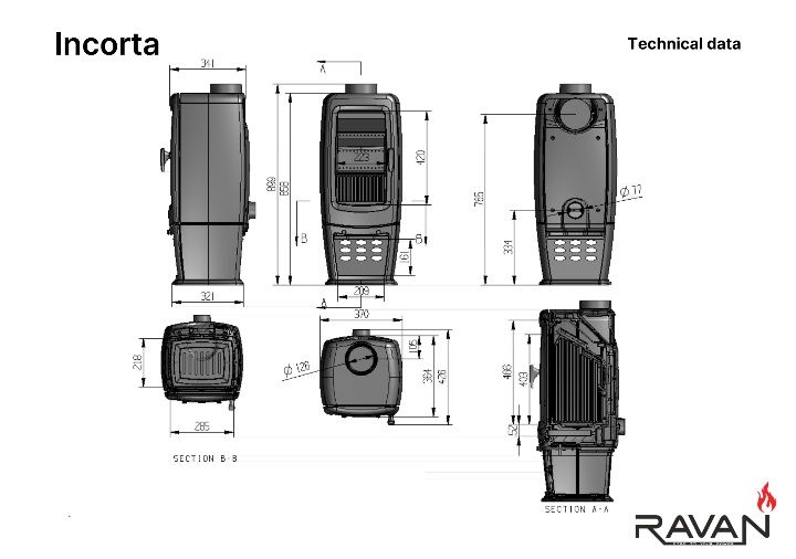Чавунна піч камін, печь камин ,Ravan Incorta 10kW, камін на дров