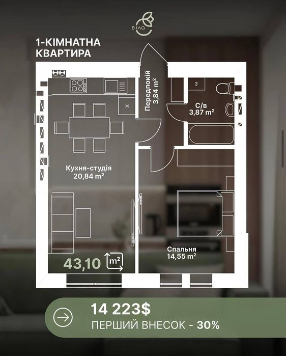 Однокімнатна квартира з гарним краєвидом