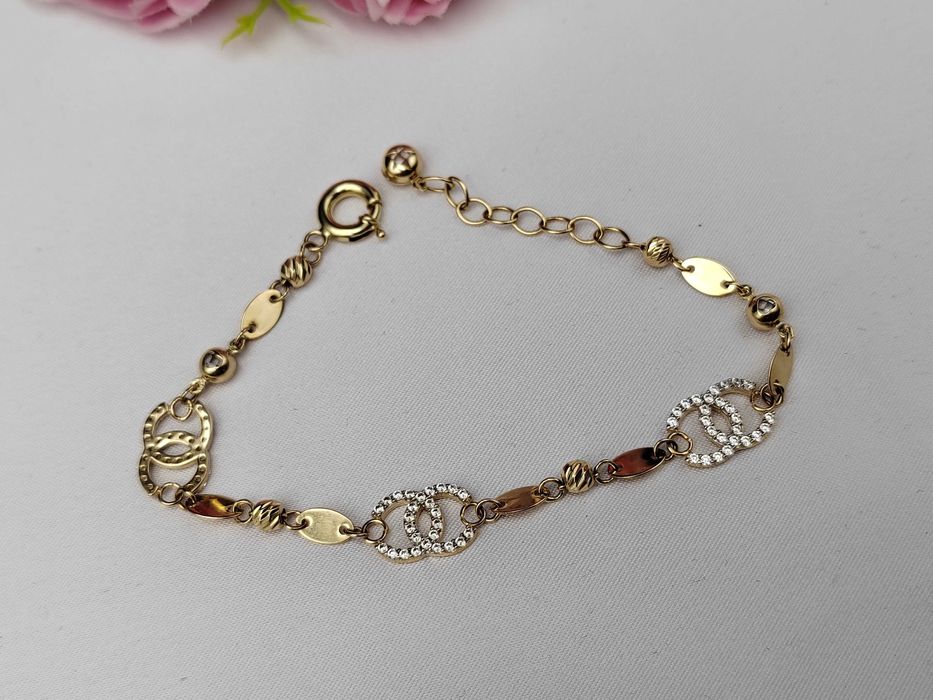 NOWA Złota Bransoletka CC Białe 19cm / Złoto 585