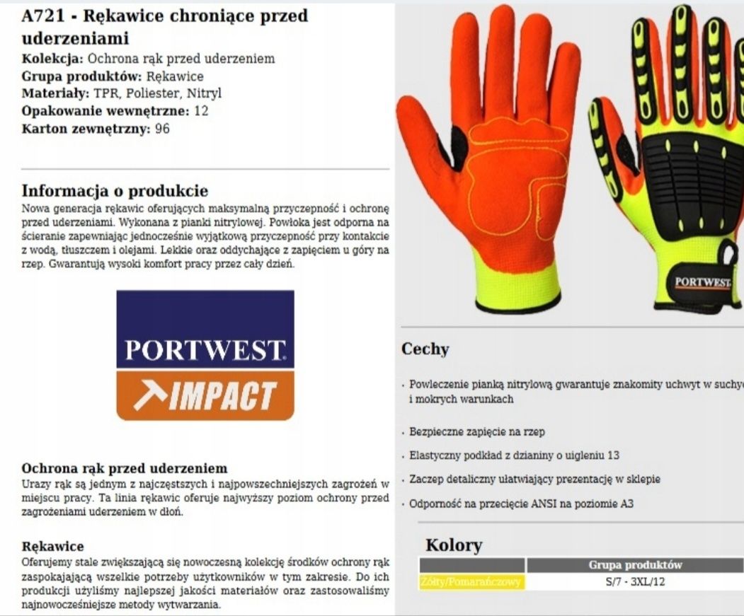 Rękawice przeciwuderzeniowe Portwest A721 Rozmiar 10-XL