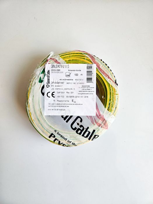 Cabo elétrico H07V-U 1x1,5 mm – 100 m – VD/AM – General Cable - NOVO