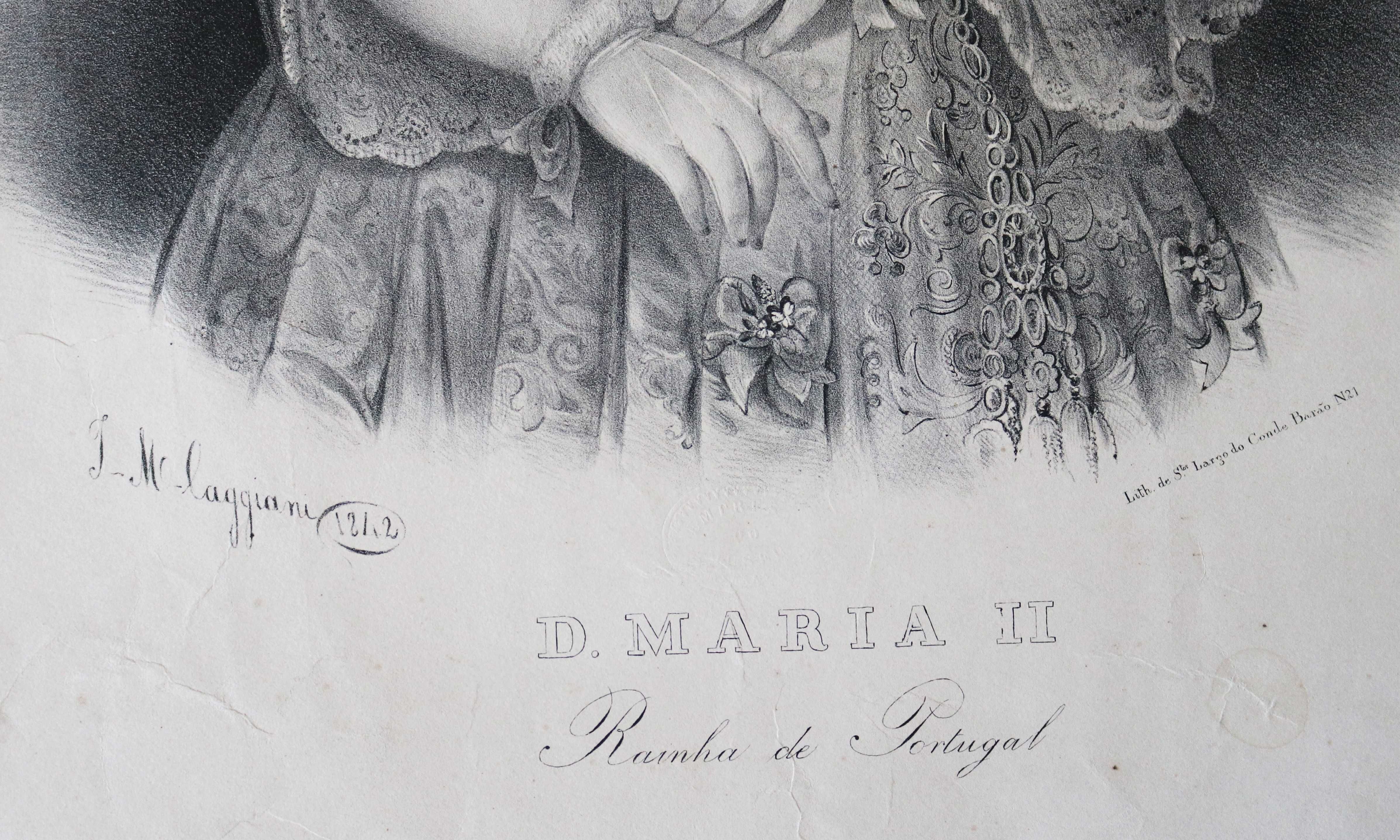 Rainha D Maria II grande litografia de Caggiani 1842 invulgar