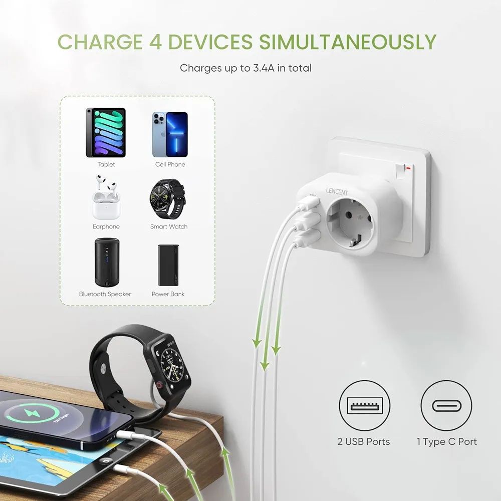 LENCENT 4-w-1 Szybkie ładowanie 2x Adapter Podróżny UK Adapter, Typu-G