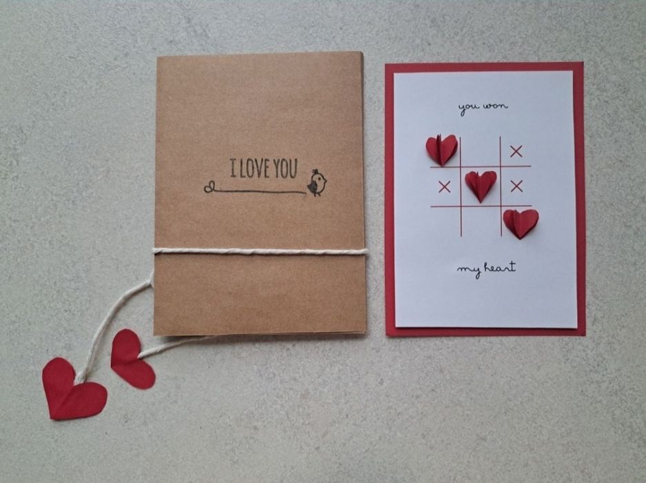 Kartka walentynkowa kółko i krzyżyk serca handmade okolicznościowa