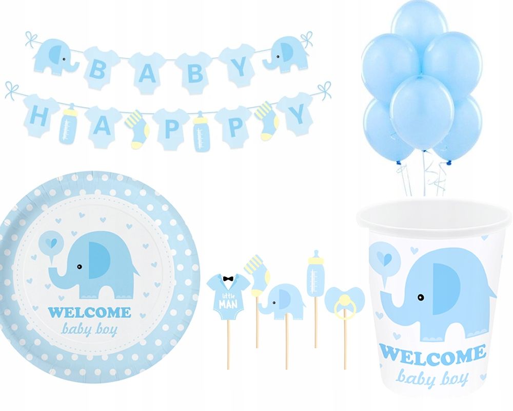 zestaw baby shower słonik kubki talerzyki balony