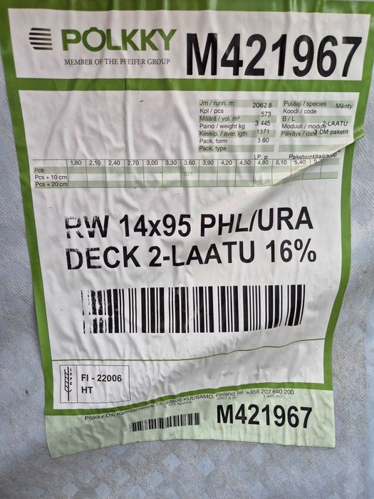 Deski na podest pergole sztachety 14x95mm 2-kl z Finlandii, ryflowana!