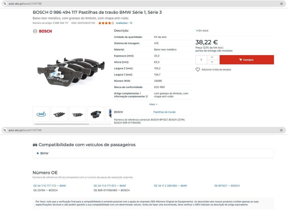 discos e pastilhas travões bosch bmw serie 1, serie 3 e z4