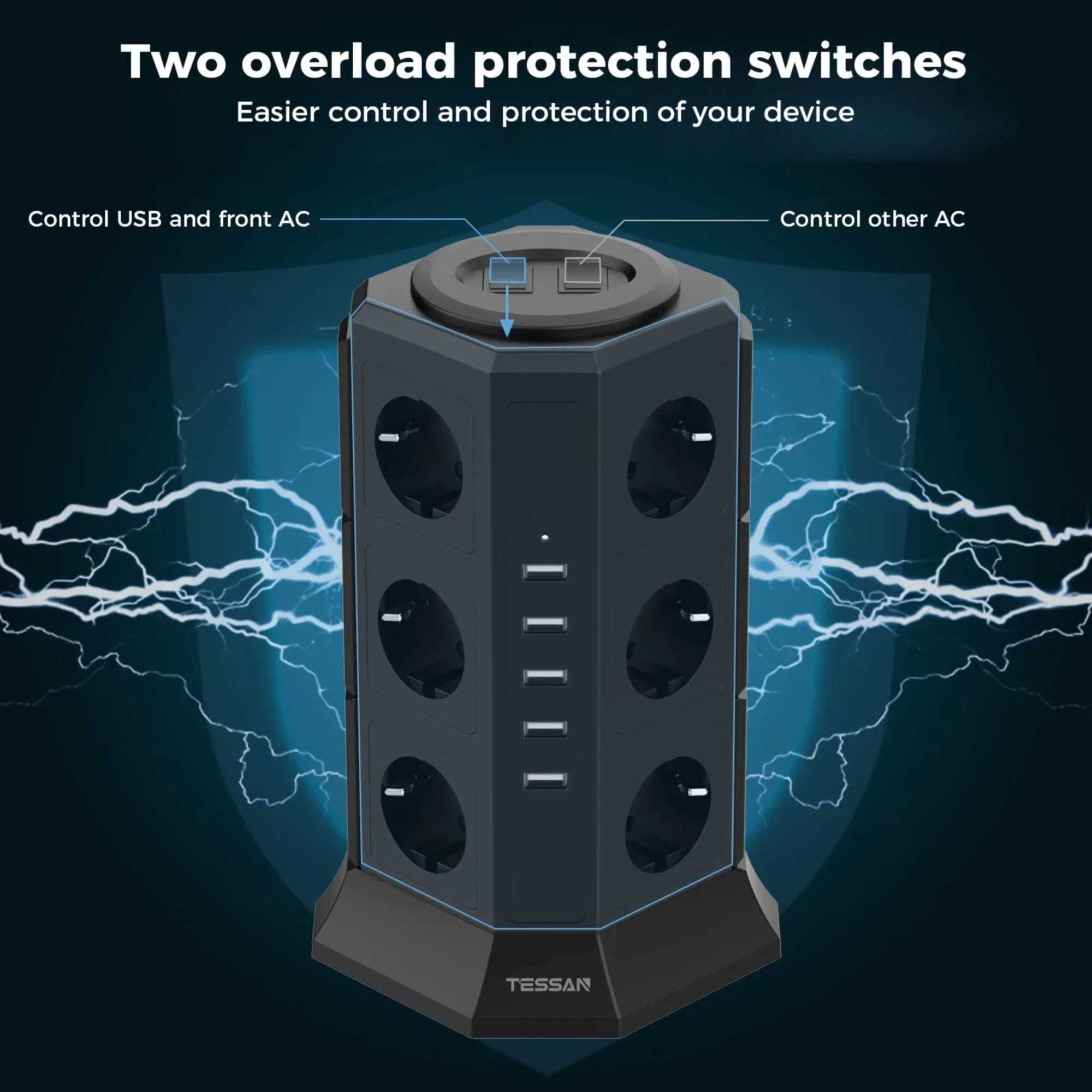 TESSAN Listwa Zasilająca Pionowa wieża 12 Gniazd + 5 USB 2m 2500 W