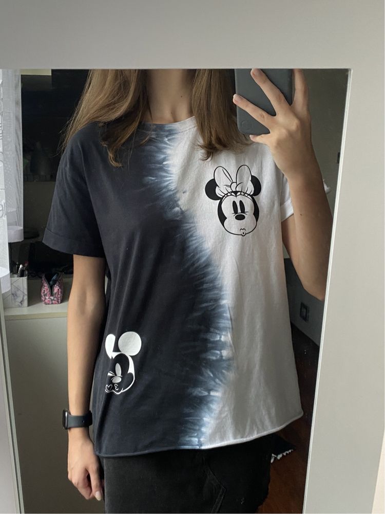 czarno-biały tshirt koszulka tie dye disney bershka S