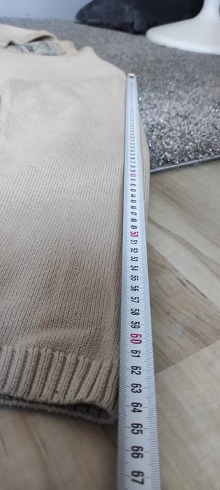 Sweter w serek dziadkowy beżowy vintage prążki stripped y2k