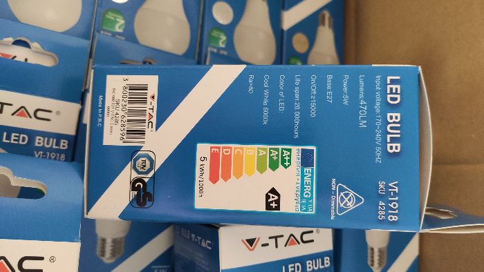 Lâmpada LED E27 5W 470lm 200º 6000K Branco Frio V-TAC VT-1918