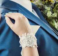 bransoletka ślub koronka cyrkonie perły ręcznie wykonana handmade