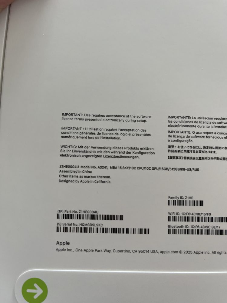 Macbook Air 15” M4 16/512 GB QWERTY kupiony w Polsce kolor błękitny