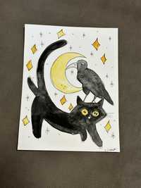 Kartka okolicznościowa ilustracja czarny kot kruk kociara bogo