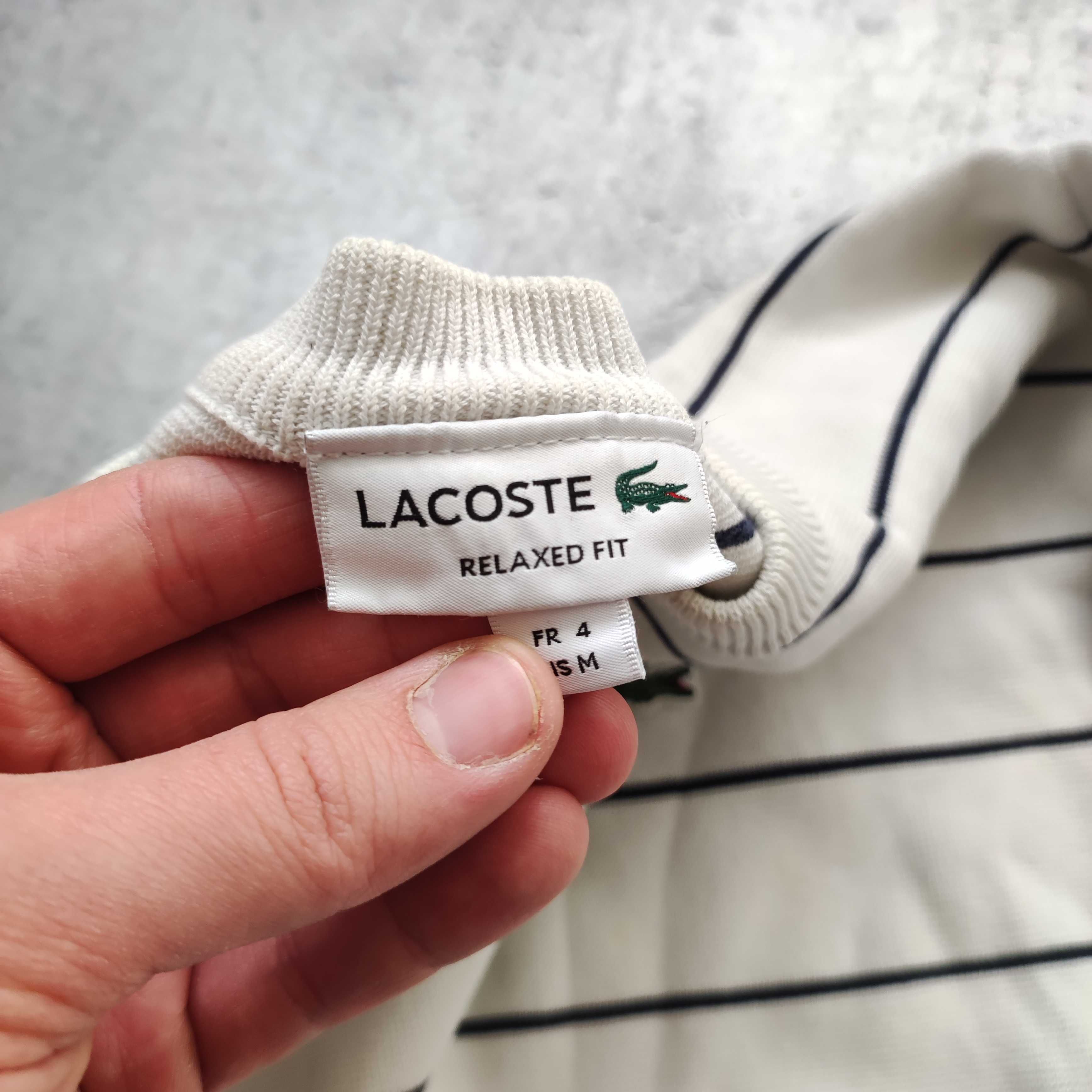 MĘSKI PREMIUM Sweterek Bawełna Sweter Paski Biały Granat Lacoste Haft