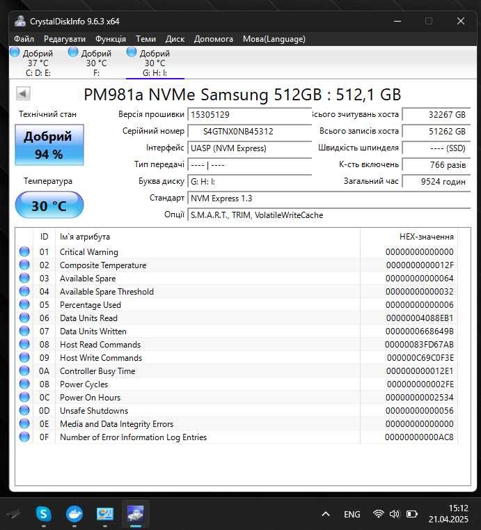 Накопичувач SSD Samsung PM981a 512Gb NVMe M.2 (MZ-VLB512C) 94%