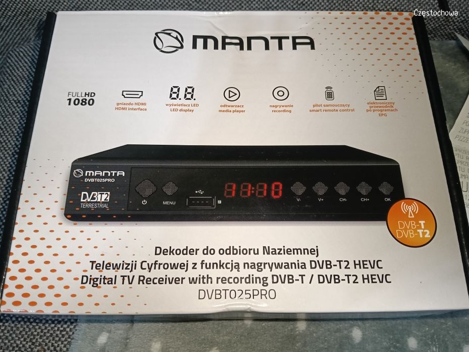 Dekoder do odbioru tv naziemnej DVB-T2 HEVC MANTA