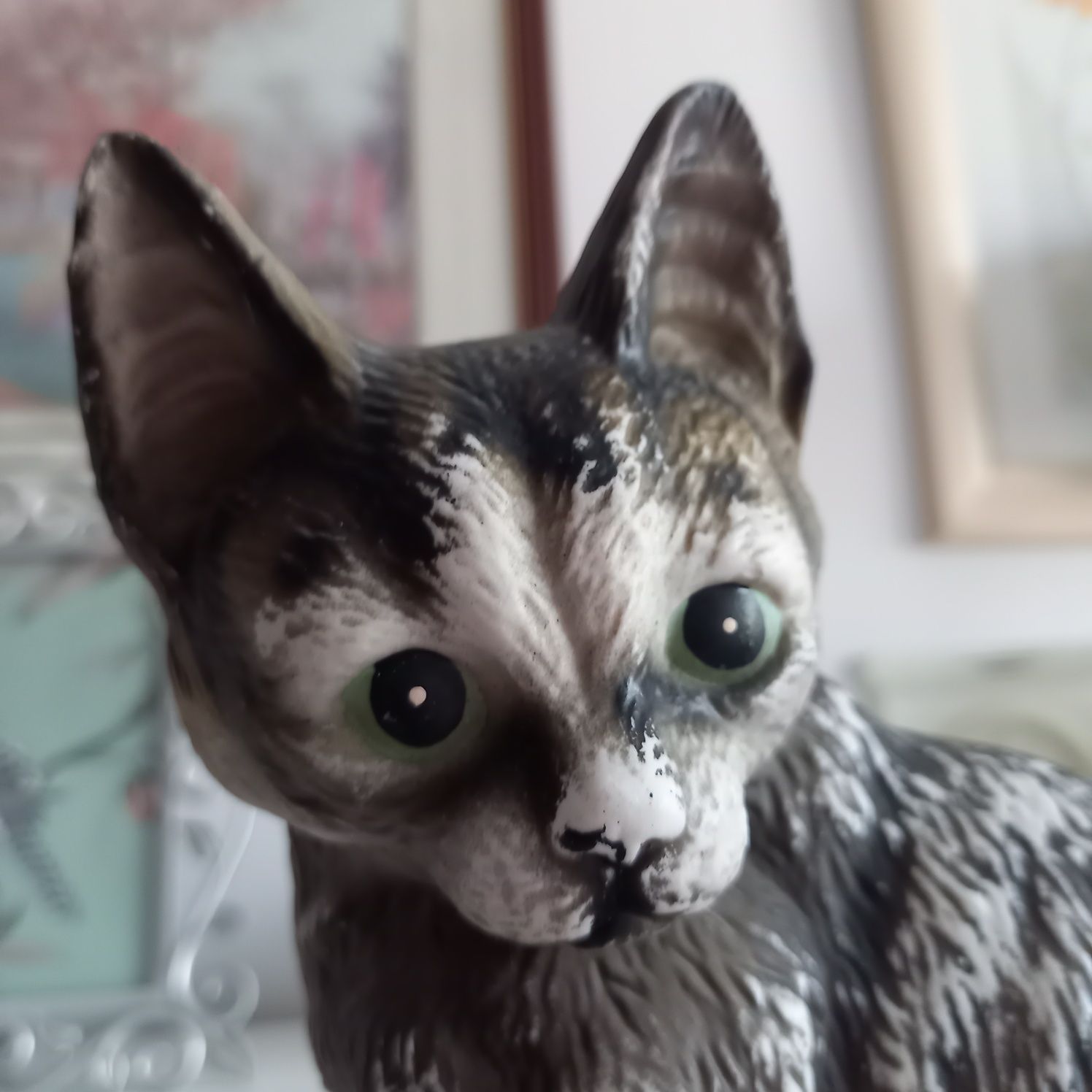 Unikat piękny kot szary duży ceramiczny bury figurka kotek vintage