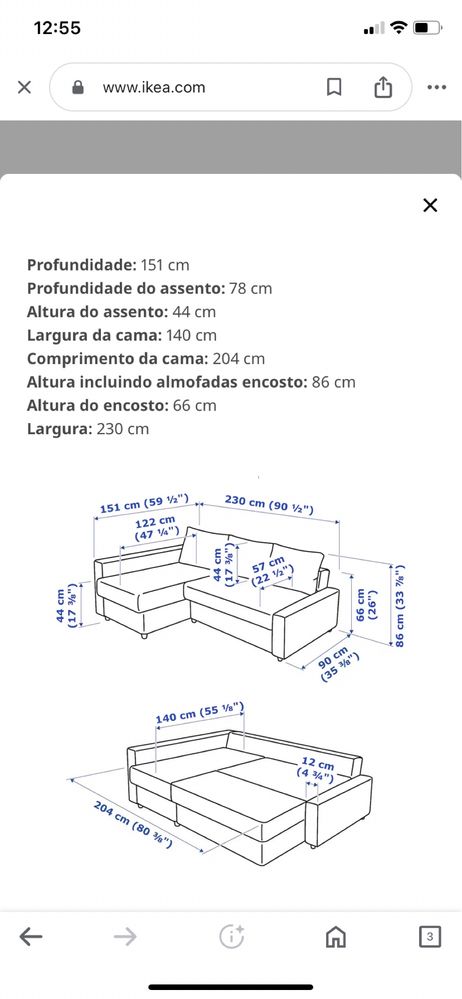 Sofá cama com chaise longue (dir/esq) e arrumação (Ikea Friheten)