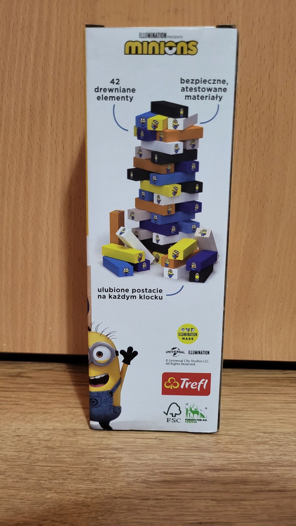 Kolorowa wieża klocki drewniane Minionki 3+