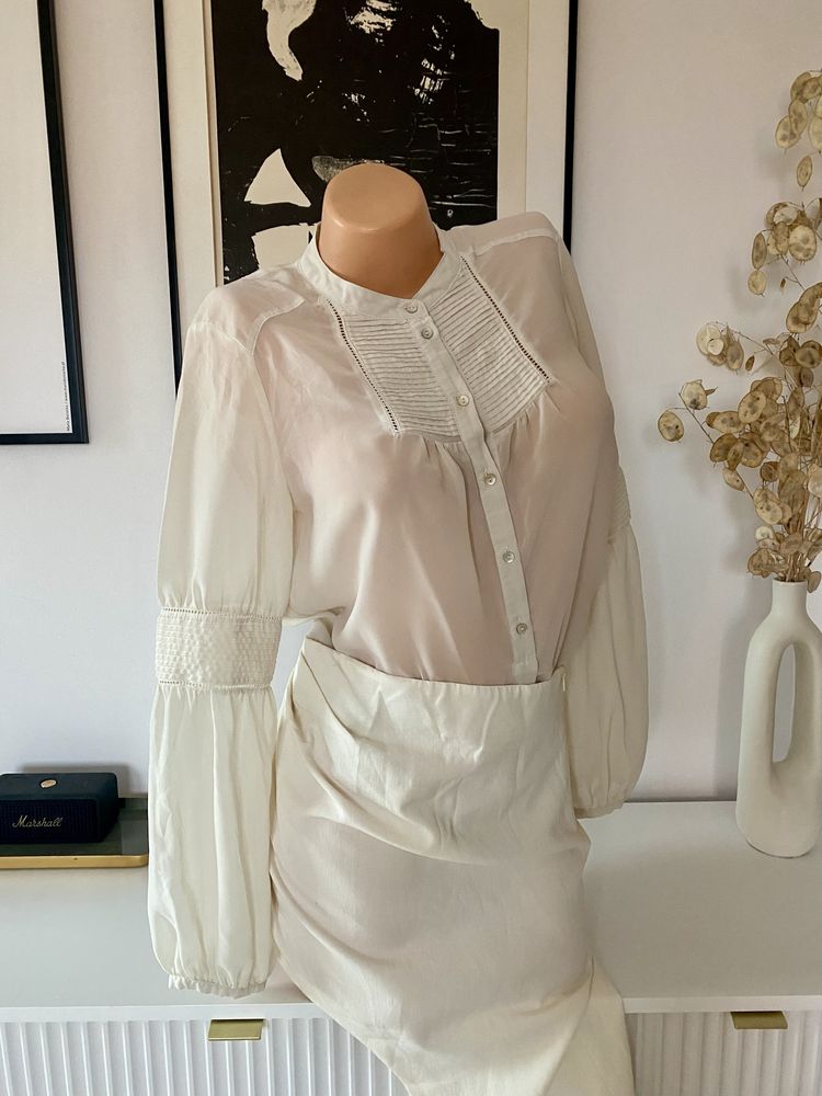 Zara bluzka koszulowa bufki żabot chlopi ecru 38 M