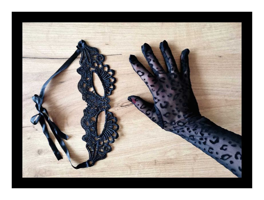 Zestaw: Rękawiczki w panterkę i koronkowa maska (uniwers.) #czarne