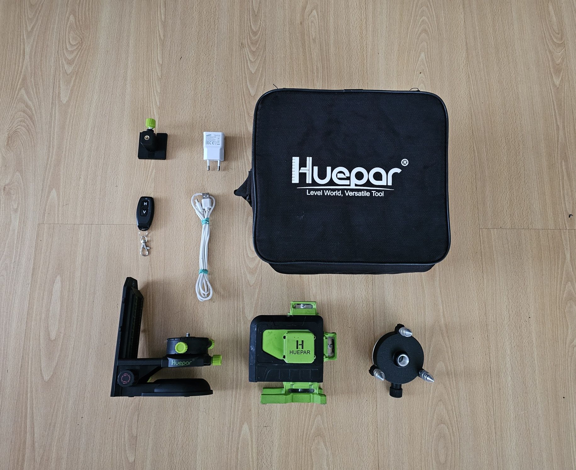 HUEPAR 904DG Aku Laser ZIELONY Wieloliniowy 360° 16-Lini Pilot ZESTAW