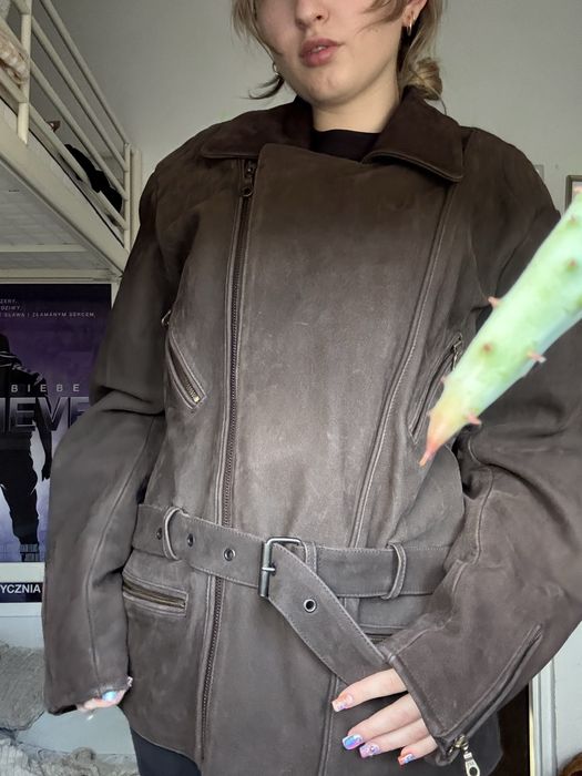 Brązowa skórzana kurtka retro vintage ramoneska pasek xxl oversize
