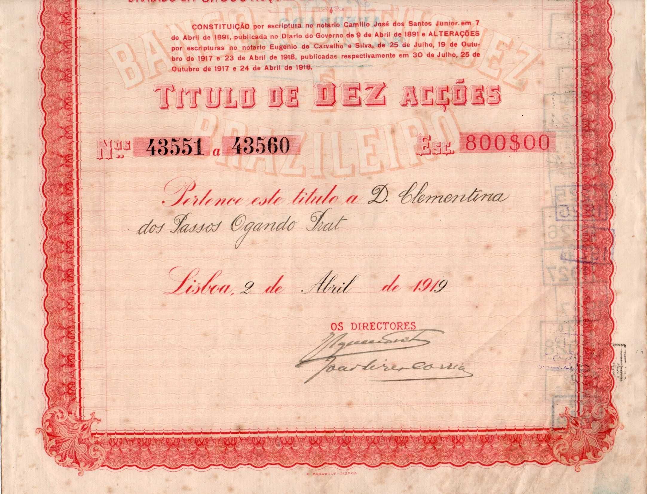 Título de 10 Acções - Banco Português Brasileiro (1919)
