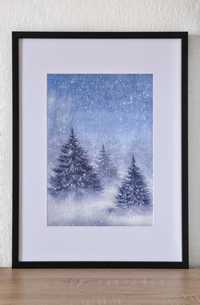 Choinki w śniegu zima w lesie akwarela obraz ręcznie malowany A4