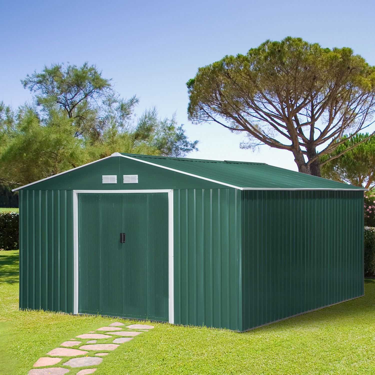 Abrigo de jardim metálico verde com base incluída — 340x386x200 cm
