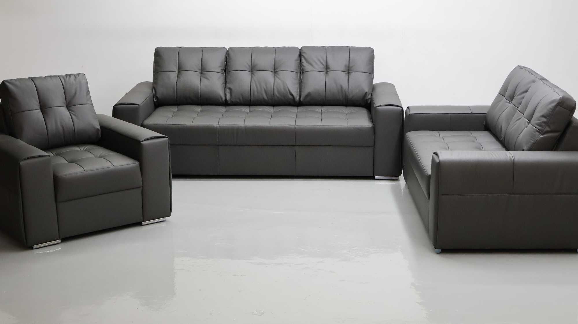 KOMPLET 3+2+1 sofy kanapy zestaw popielata SKÓRA naturalna 6492 w