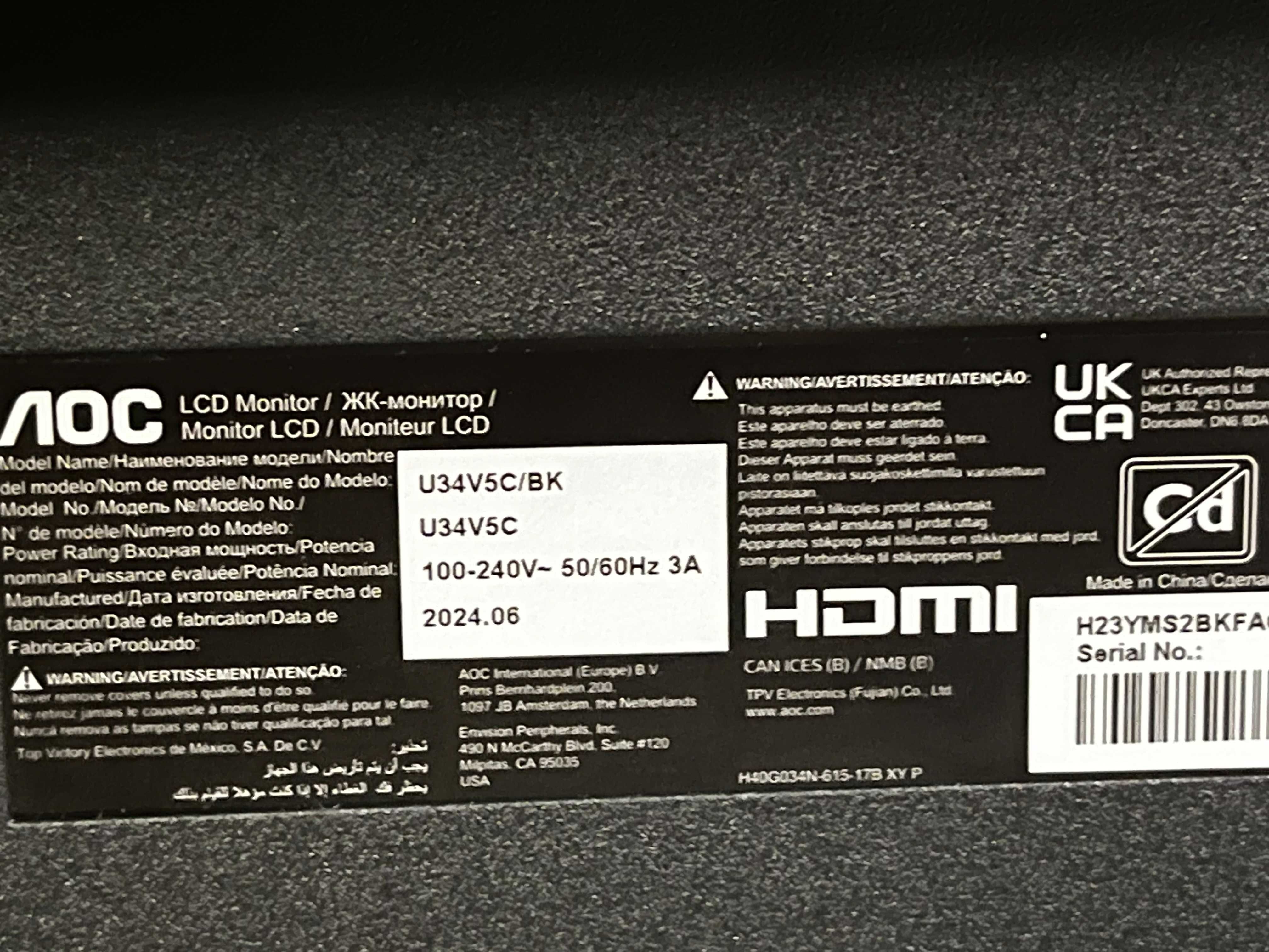 Monitor AOC U34V5C/BK - 34" UWQHD  (3440x1440) - Nieużywany