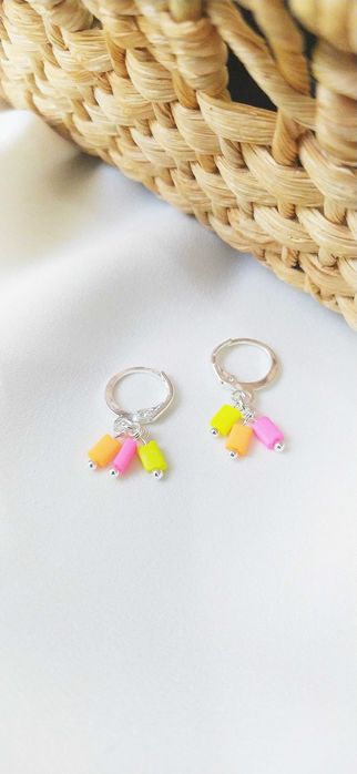 Brinco Argola Beads Murano Rosa Laranja Verde Néon handmade Prata 925