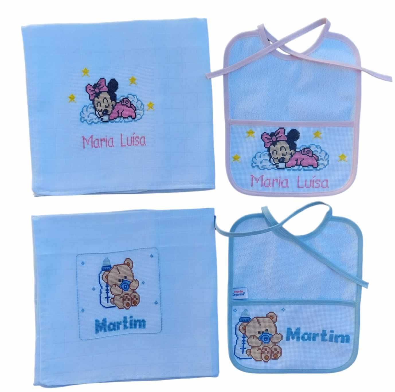 Conjunto de fralda + babete bordados à mão