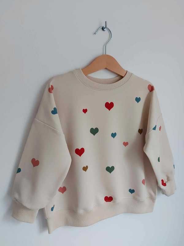Nowa, beżowa bluza w kolorowe serduszka oversize, handmade, 110