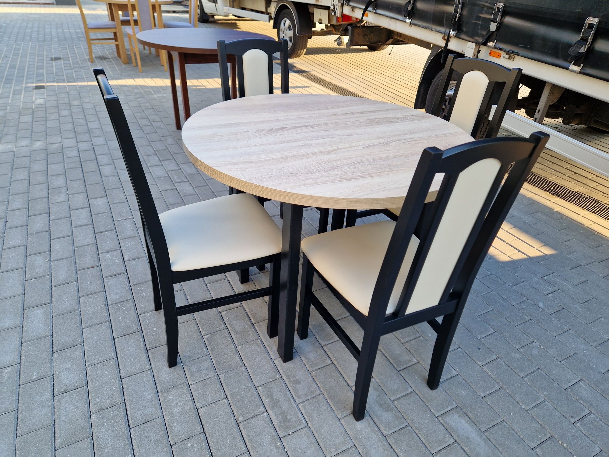 Nowe: Stół okrągły + 4 krzesła, czarny/sonoma + crem , trans PL