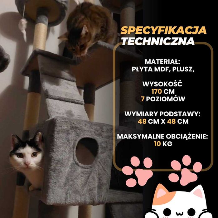 drapak dla kota wysoki 170 cm domek zabawki legowisko czarny - Nowy