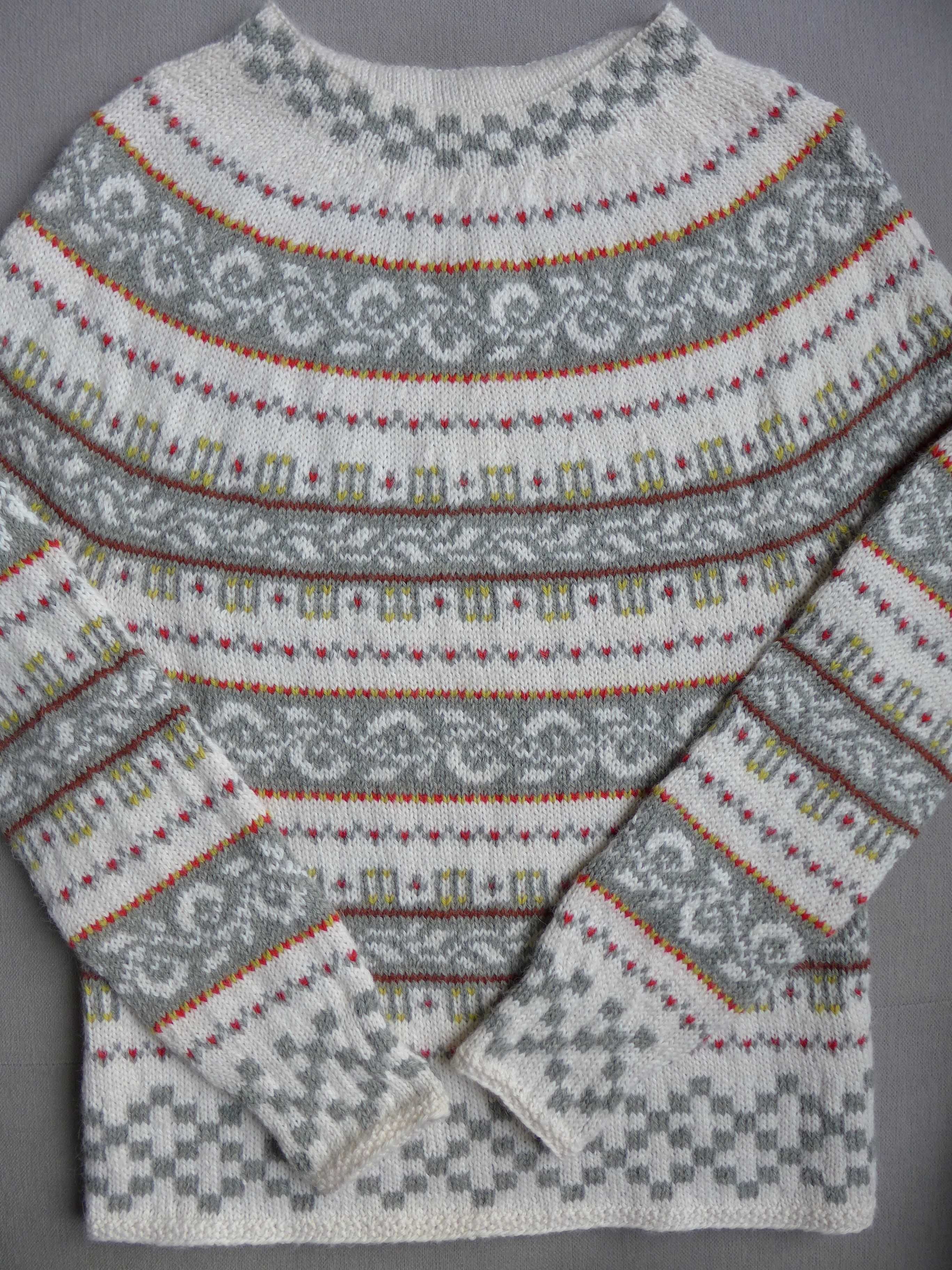 Śliczny wełniany sweter XS 34 handmade wzór norweski islandzki WEŁNA