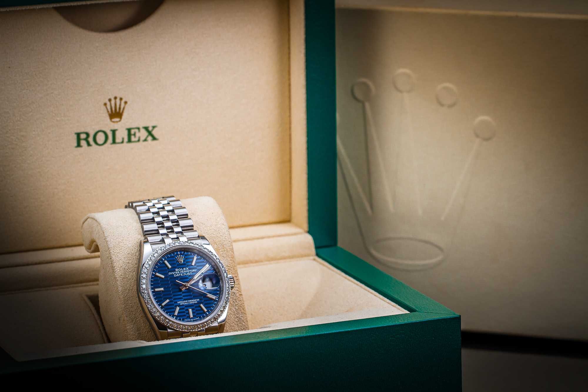 ROLEX DATEJUST 36 z brylantami / 2021 niebieska tarcza Fluted Motif