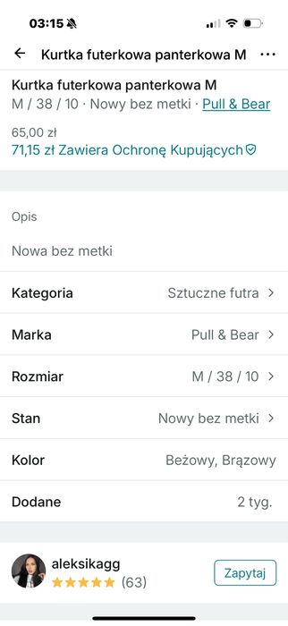 Jesienne futerko w panterke nowe r38