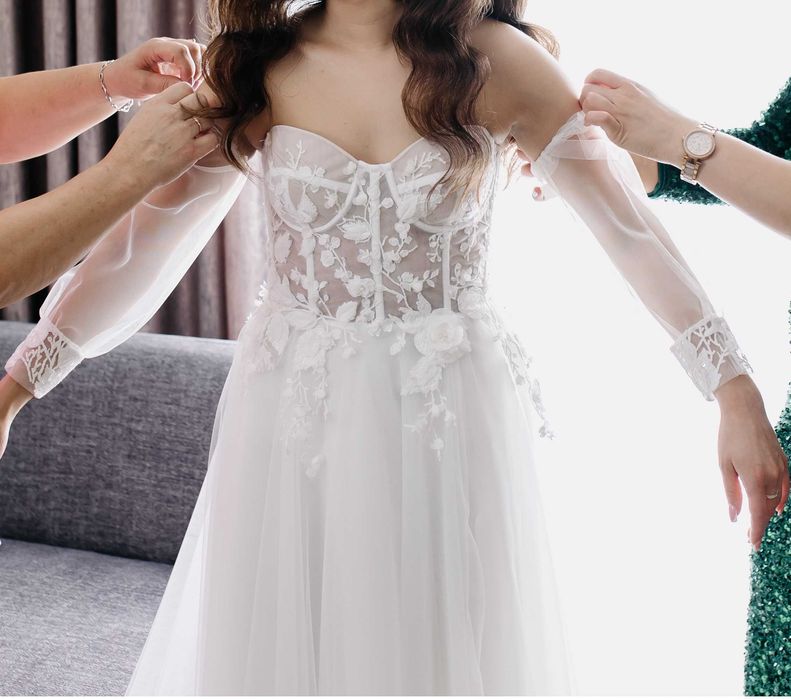 Suknia ślubna gorset, dwie wersje ramiączek + rękawki, welon gratis