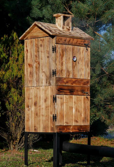 Wędzarnia drewniana ogrodowa podwójna opalana, komplet wędzarniczy.