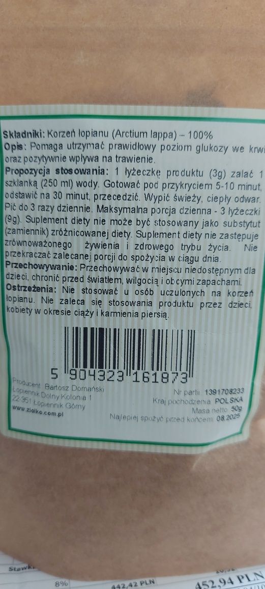 Łopian korzeń 50gr trawienie, poziom cukru obniża cholesterol  LDL