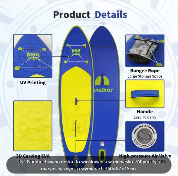 Deska SUP Extra Large 350x87x15cm - Wytrzymałość 190kg