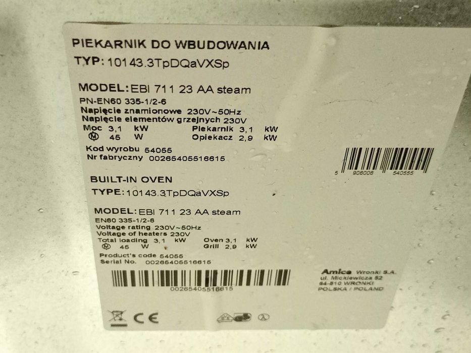 Piekarnik do zabudowy amica ebi 71123 aa steam