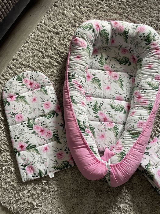 Komplet 3w1 kokon niemowlęcy rożek różowy Minky&Bawełna Kwiaty Babymam