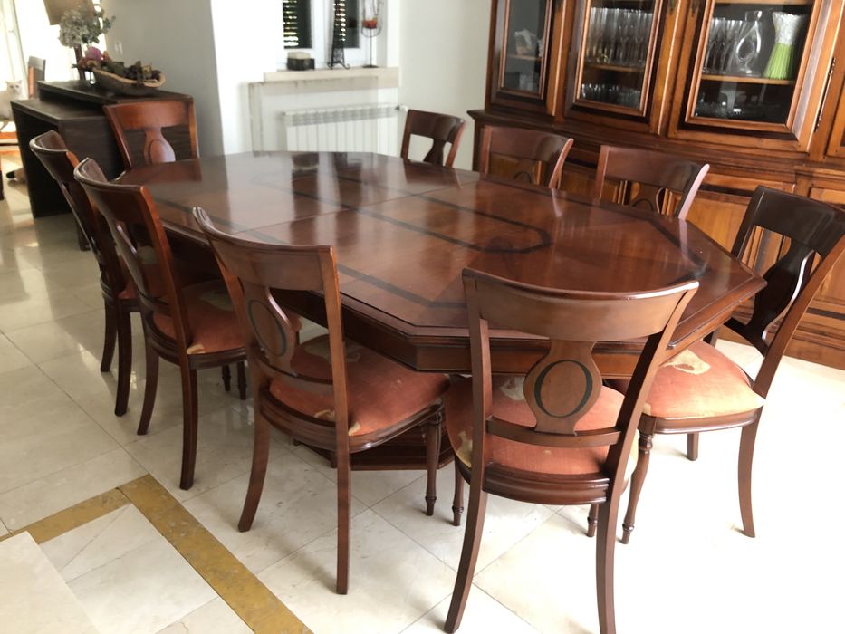 Mesa de jantar extensível + 9 cadeiras em madeira maciça de cerejeira